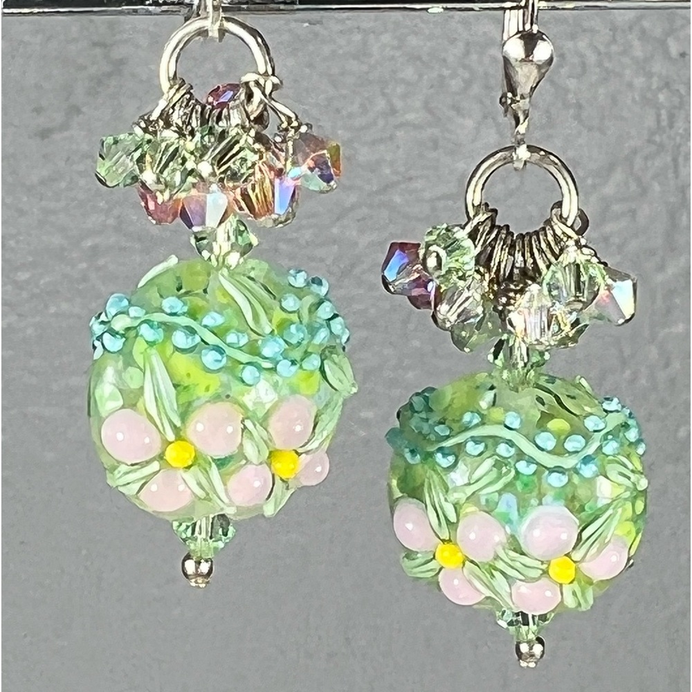 PINK GREEN BLUE FLOWER LAMPWORK SWAROVSKI DANGLING STERLING SILVER EARRING